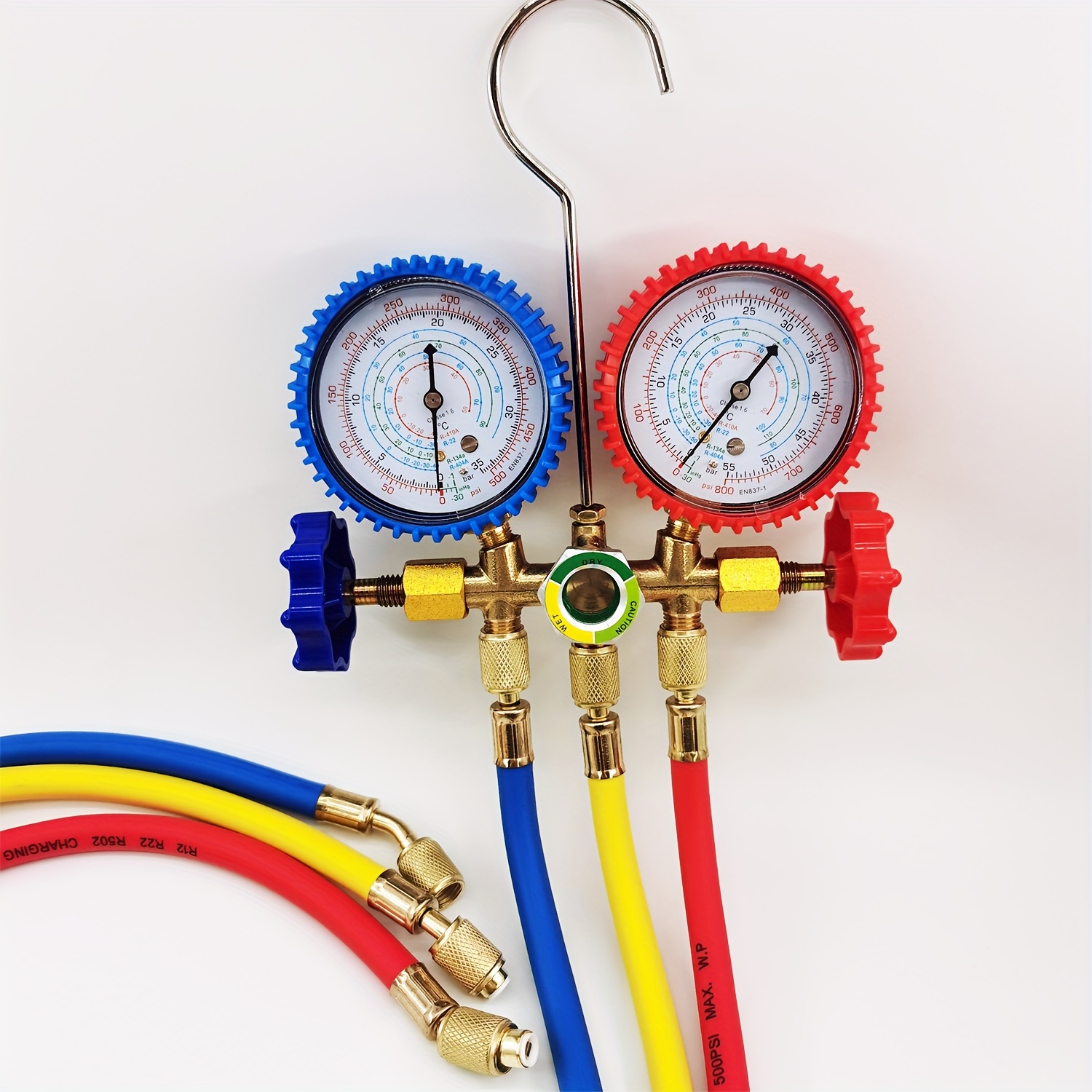 manifold gauge set for hvac refrigeration pressure gauges with hoses and hook metal and plastic suitable for r410a r404a r134a r22 refrigerants automotive and home air conditioning charging tools no electricity required details 8