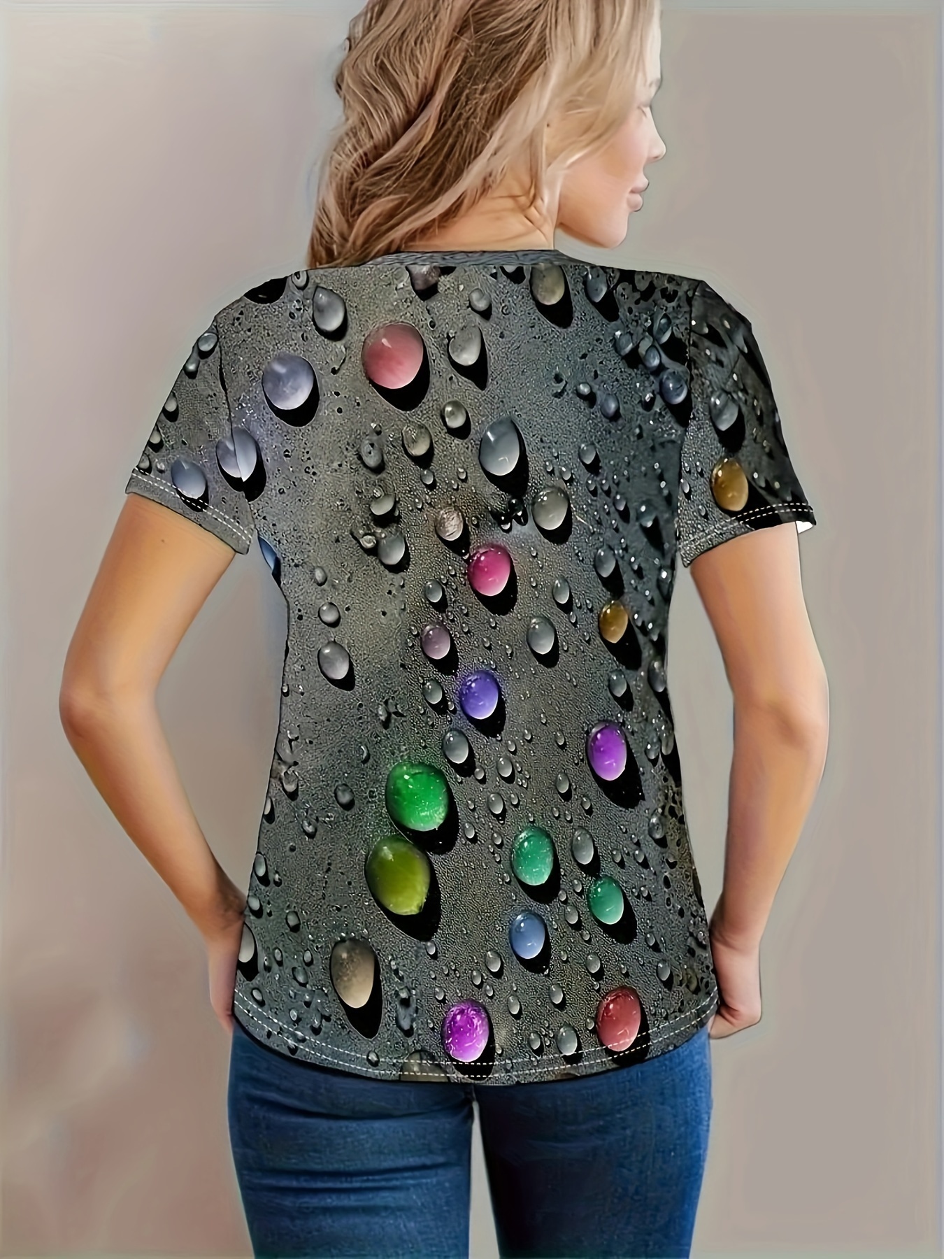 water drop print crew neck t shirt casual short sleeve t shirt for spring summer womens clothing details 0