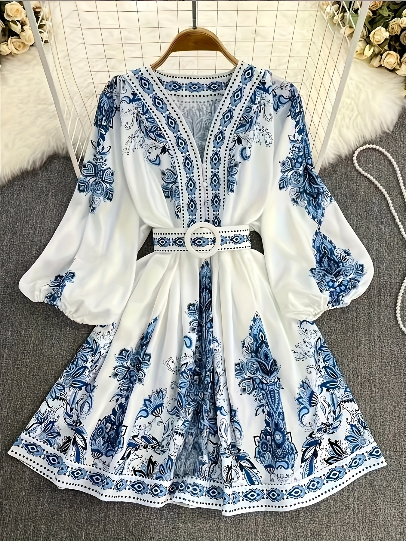 vintage   style floral print v neck dress with lantern sleeves and belt mixed color 0