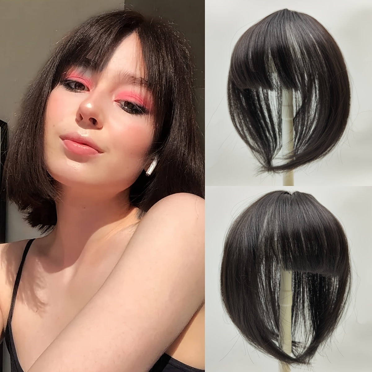elegant 8 inch clip in hair topper with bangs for women natural looking straight synthetic hair extensions to cover thinning gray hair comfortable undetectable details 1