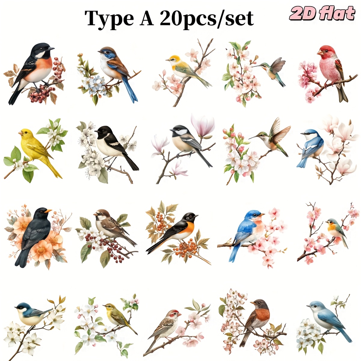Image of 20pcs/set Handmade Creative Retro Watercolor Flowers, Branches, Birds Series 2d Flat Stickers Suitable For Garbage Diary, Notebook, Decoration, Manual Account Cutting Book Stickers
