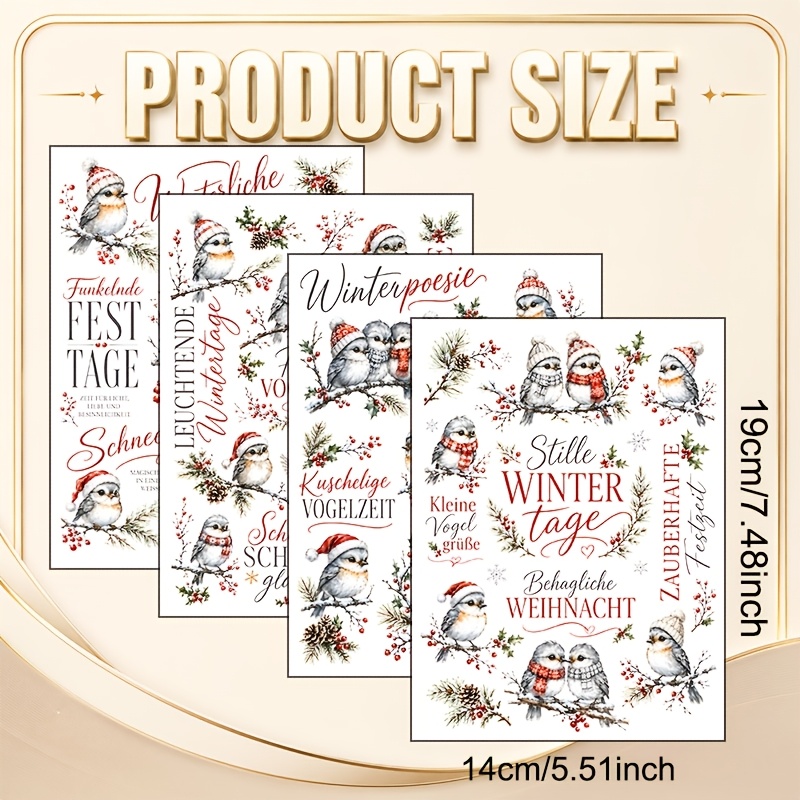 TEMU 4pcs Winter Titmouse Uv Transfer Suitable For Ceramic Mugs, Glass Bottles & Phone Cases - Vinyl With German Text, Watercolor Titmice, Hats &