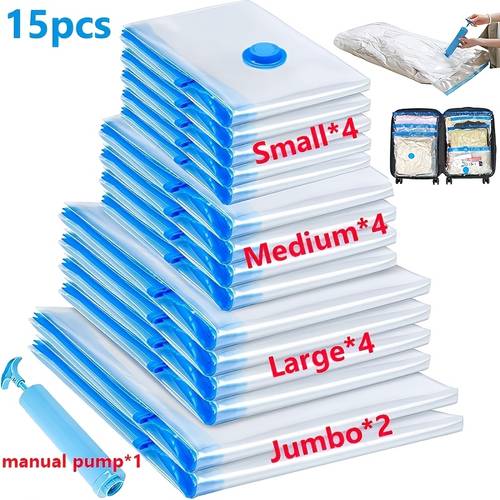 15pcs 14compression bags 1manual pump including a portable manual pump extra large large medium small suitable for bedding clothing travel essentials luggage vacuum sealed bags thickened materials travel saving bags