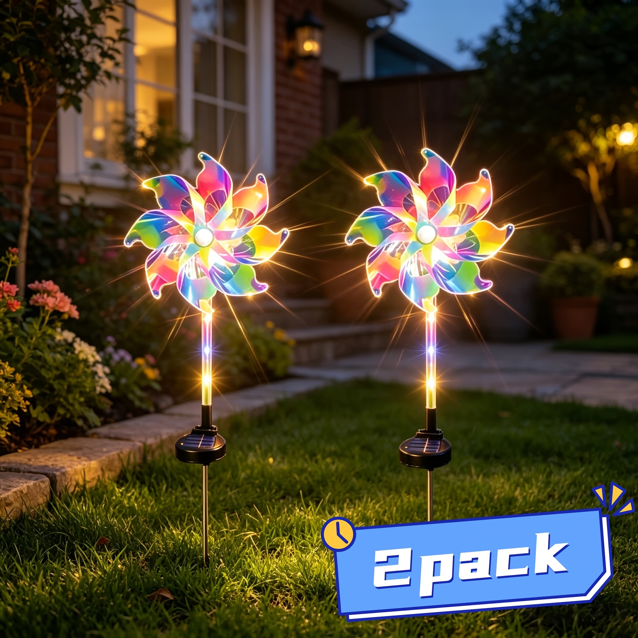 TEMU 2pcs Magical Holographic Pinwheel Lights, Led Windmill Garden Stake, Color Changing Solar Lights Outdoor, Stake For Pathway, Lawn & Patio