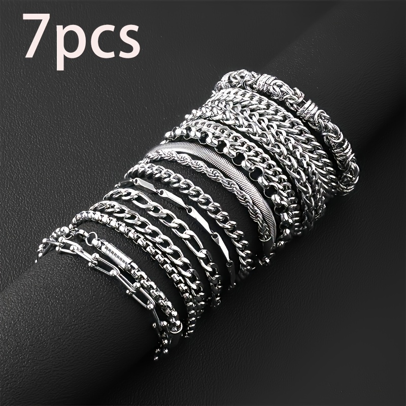 Image of 7pcs Stainless Steel Men's Bracelet Set, Hip-hop Thick Style - Engraved Bracelets, Cuban Link Bracelets & Stylish Chains, Punk Rock Jewelry, Party Gift