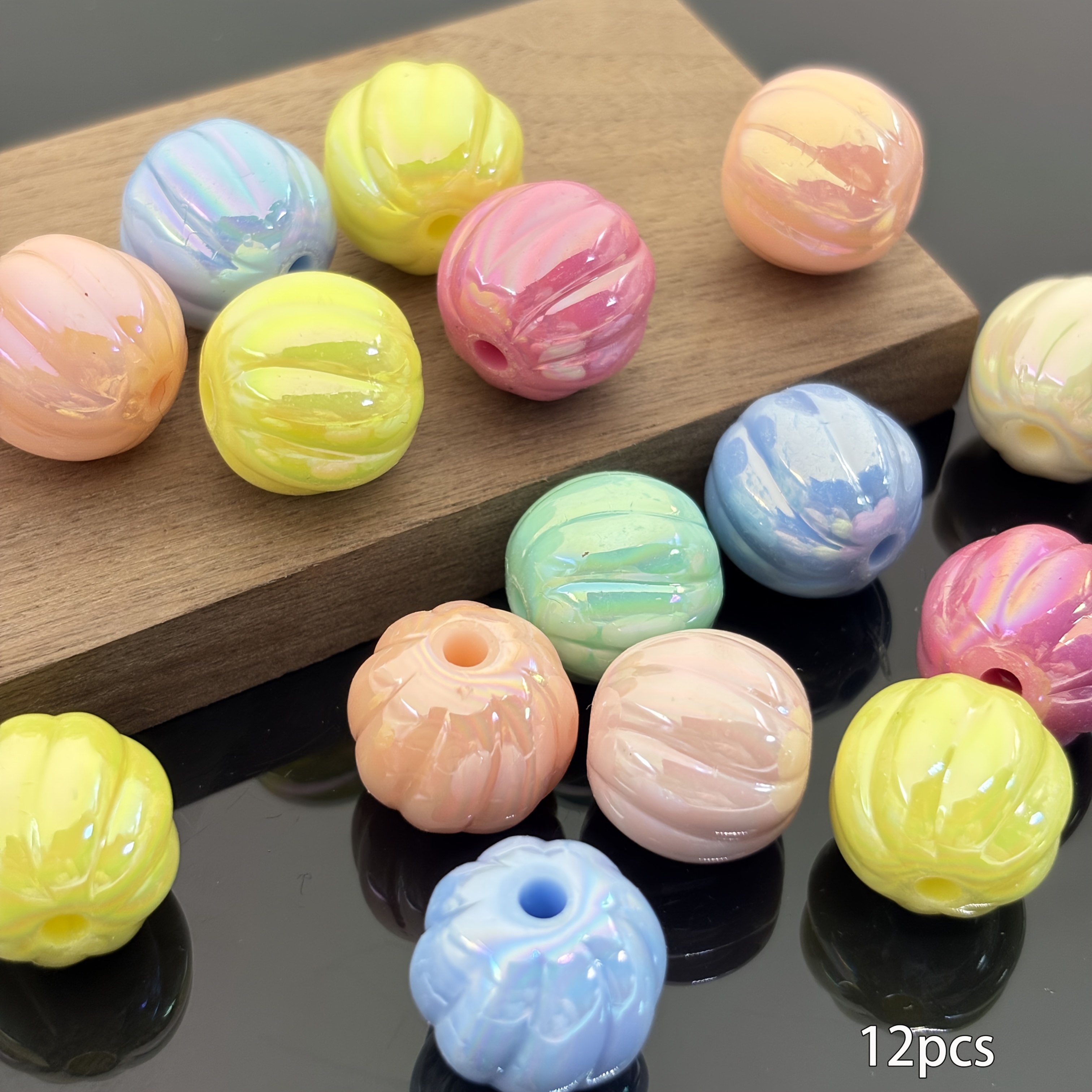 TEMU 12pcs 16mm Candy Color Iridescent Pumpkin Beads Macaron Beaded Acrylic Decorative Beads Suitable For Decorative Bead Jewelry Making, Friendship