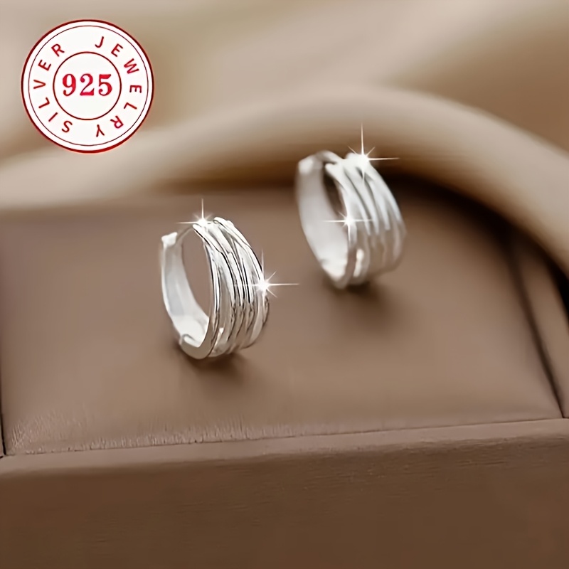 TEMU Pair Of S925 Sterling Silvery Minimalist Geometric Triple Hoop Earrings - Hypoallergenic - Fashion Jewelry - Men's Fashion Gift