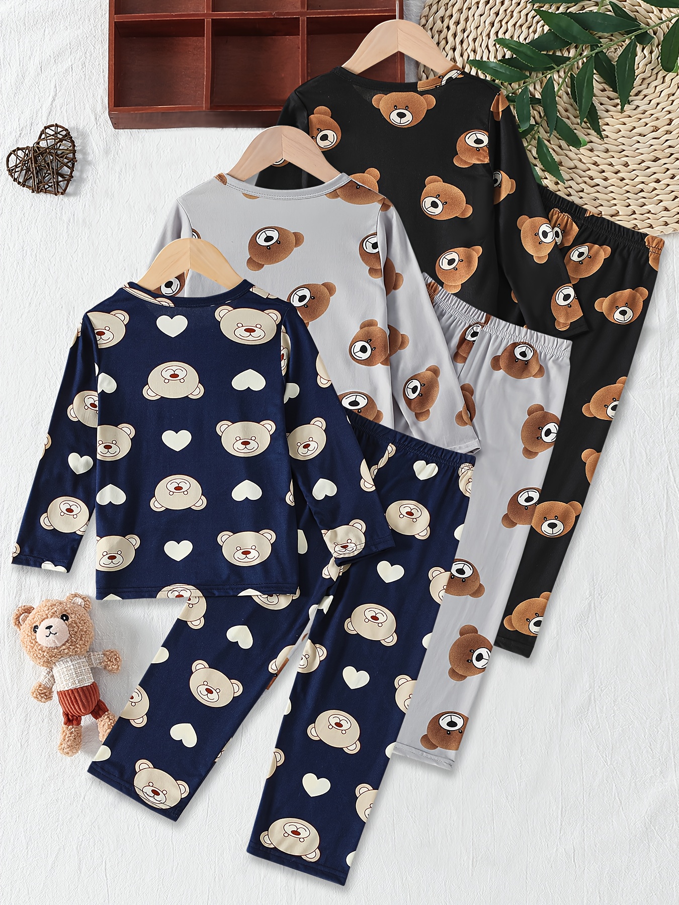 item picture 6pcs set of homewear spring and   for big kids boys girls same style long sleeved pajamas long pants set heart shaped little bear pattern loose and casual pajamas set   thin   homewear