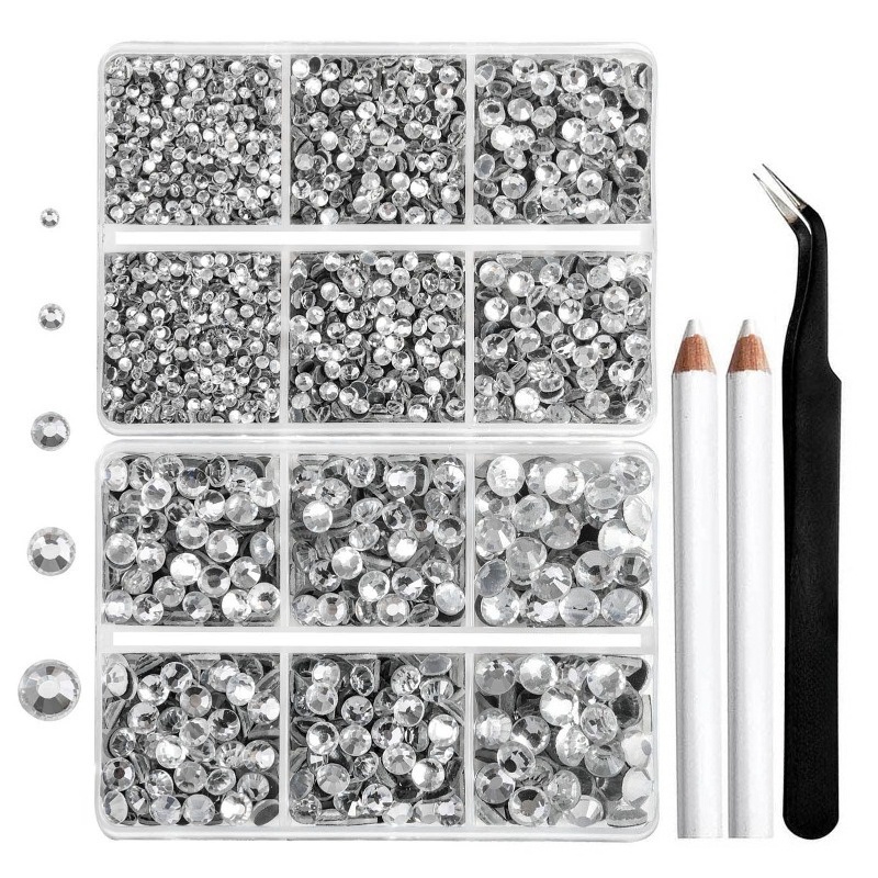 TEMU 6736 Strass thermocollants à dos plat, Strass en cristal pour loisirs créatifs et vêtements, mélange de 5 tailles, thermocollants avec pince à