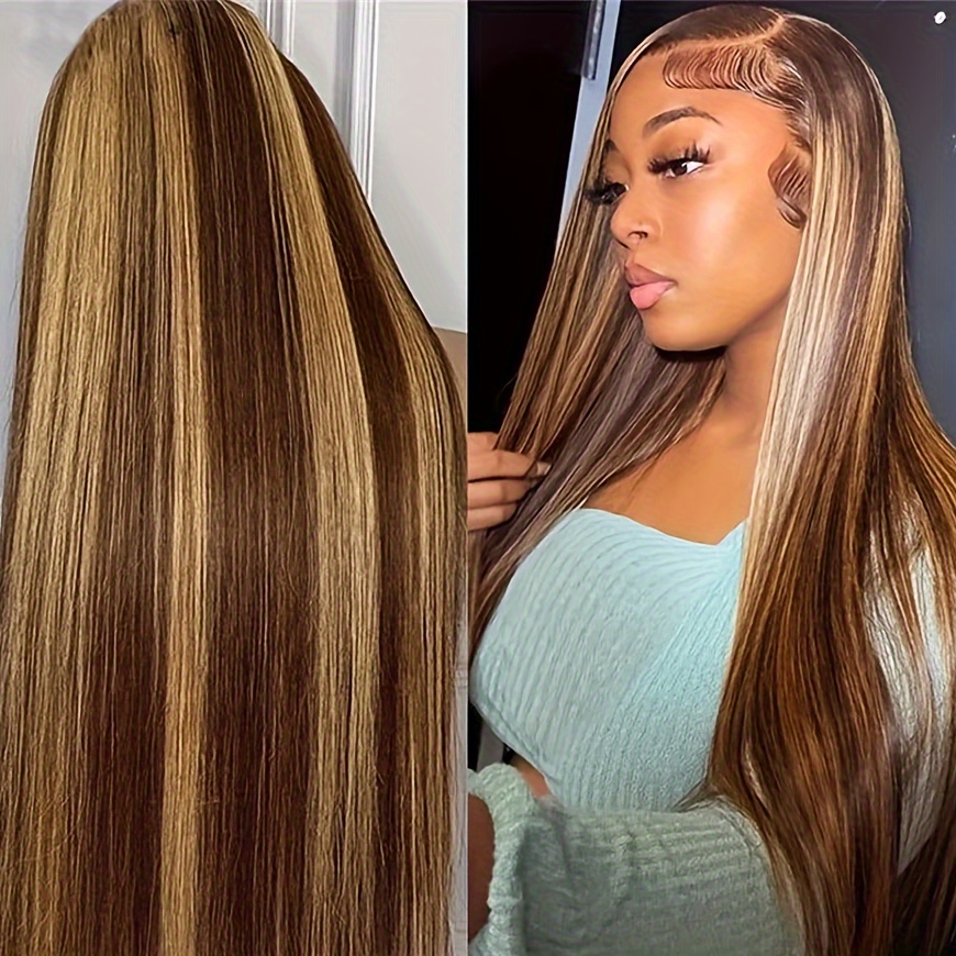 Image of 250% Density 4/27 Highlight Ombre Lace Front Wig Human Hair 13x4 Frontal Hd Transparent Lace Straight Lace Front Wig Human Hair Brown Colored Honey Blonde Lace Front Wig Human Hair