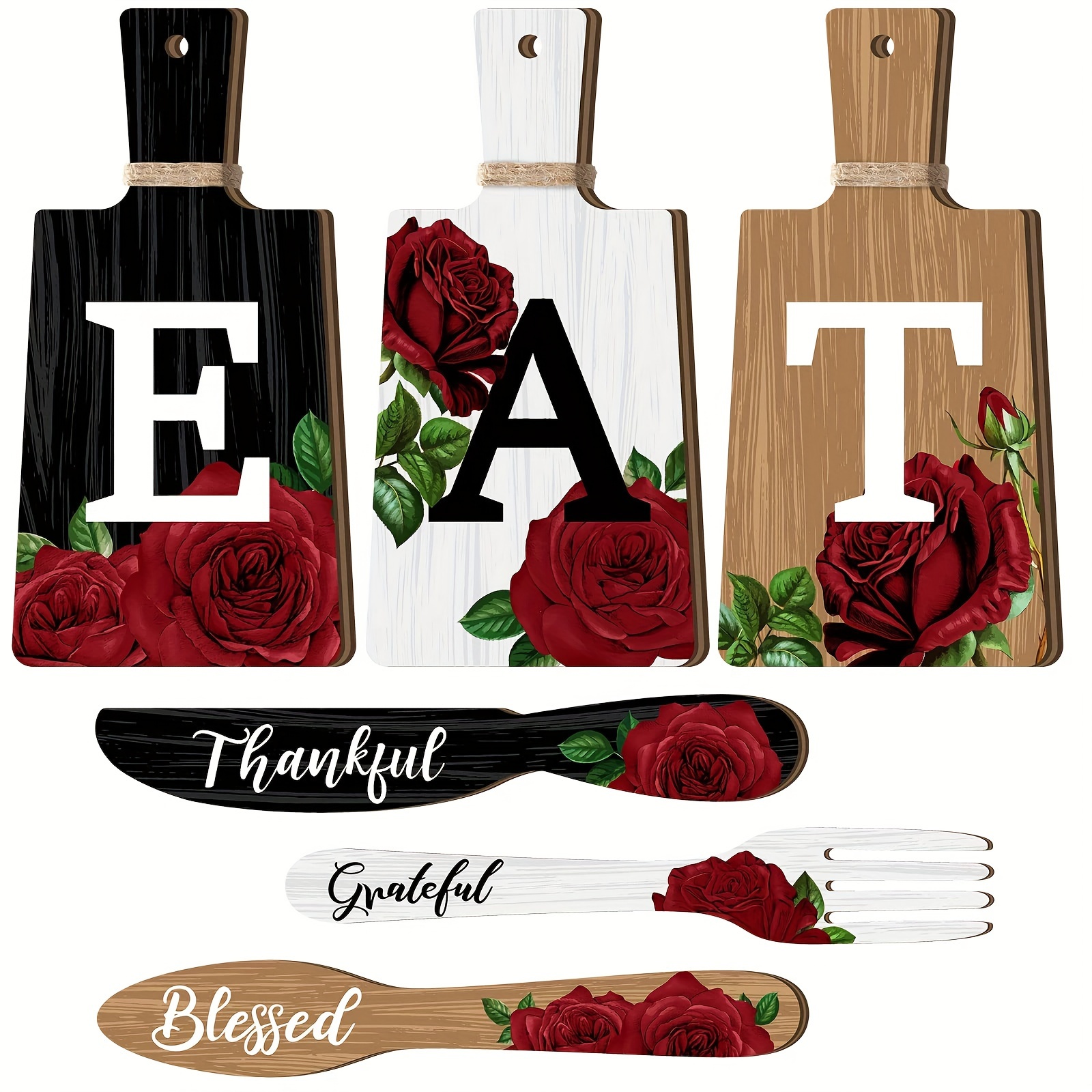 

6pcs, Cutting Board Kitchen Decor Red Rose Eat Sign Set Wooden Kitchen Knife Fork Spoon With Thankful Grateful Blessed Hanging Sign Rustic Farmhouse Wedding Wall Art For Wedding Home Decoration