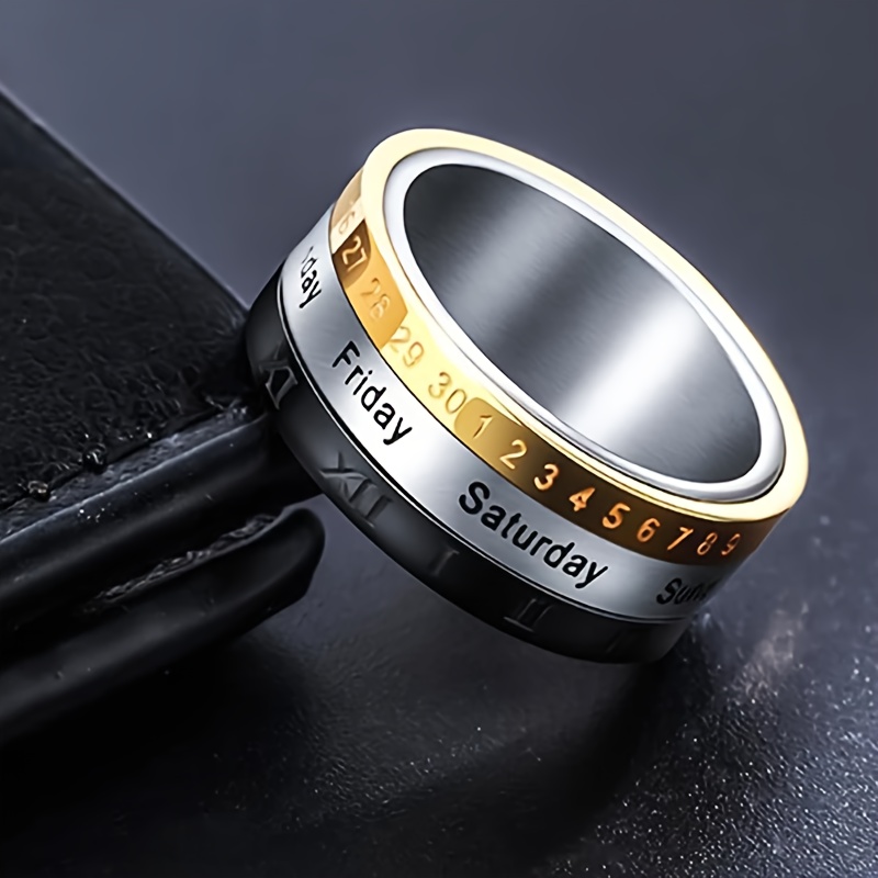 1 titanium 304l stainless   style rotatable date time calendar ring with roman   black and golden anxiety decompression jewelry mens casual dress and holiday gifts christmas thanksgiving carnival Product details 0