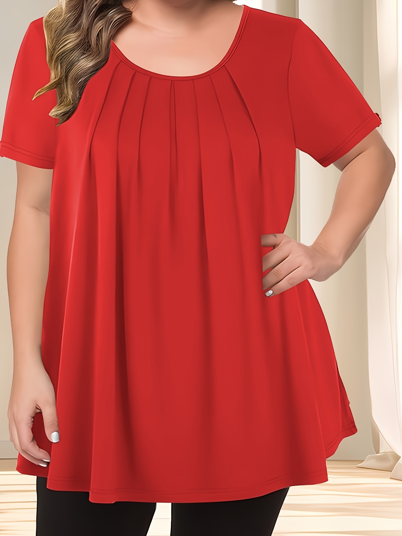 Women'S Casual Crew Neck Short Sleeve Blouse, Solid Color Plus Size, Lightweight Polyester with Subtle Stretch, Flared Hem, Spring/Summer Fashion Top, Casual Wear Blouse | Elegant Plus Size | Simple Eleganc