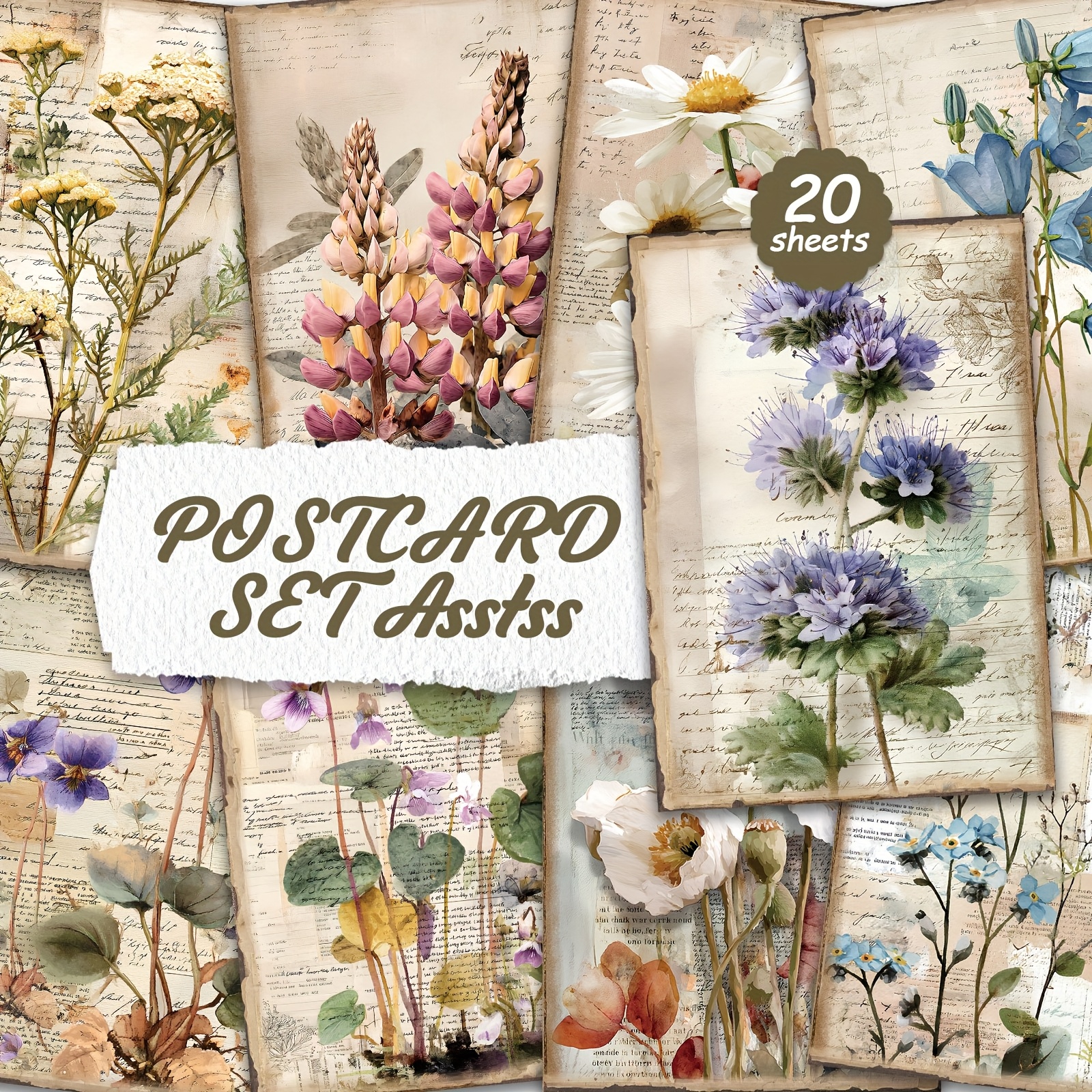 20pcs Vintage Plant Flower Postcard Set For Cardboard Writing, , English , Trash Diary, Crafts, Greeting Cards
