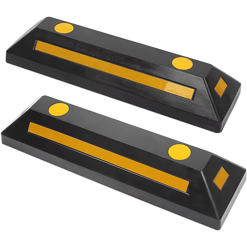 TEMU 1/2pcs, Parking Aid Block Small Tool Floor Stopper Heavy-duty Black With Yellow Reflective Stripe Wheel Stopper, Suitable For Cars, Trucks, Rvs,