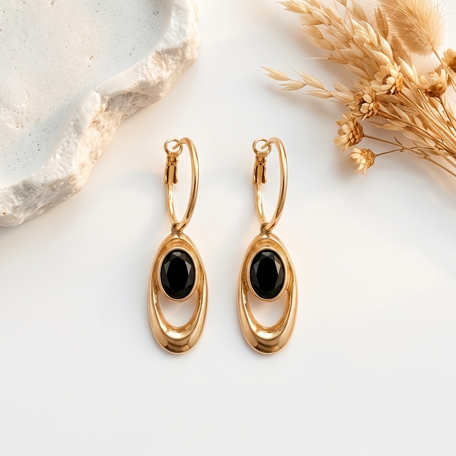 TEMU 1 Pair Golden Oval Hollow Black Stone Pendant Earrings, Modern Minimalist Style Smooth Double-layer Frame Inlaid Black Synthetic Gemstone Design
