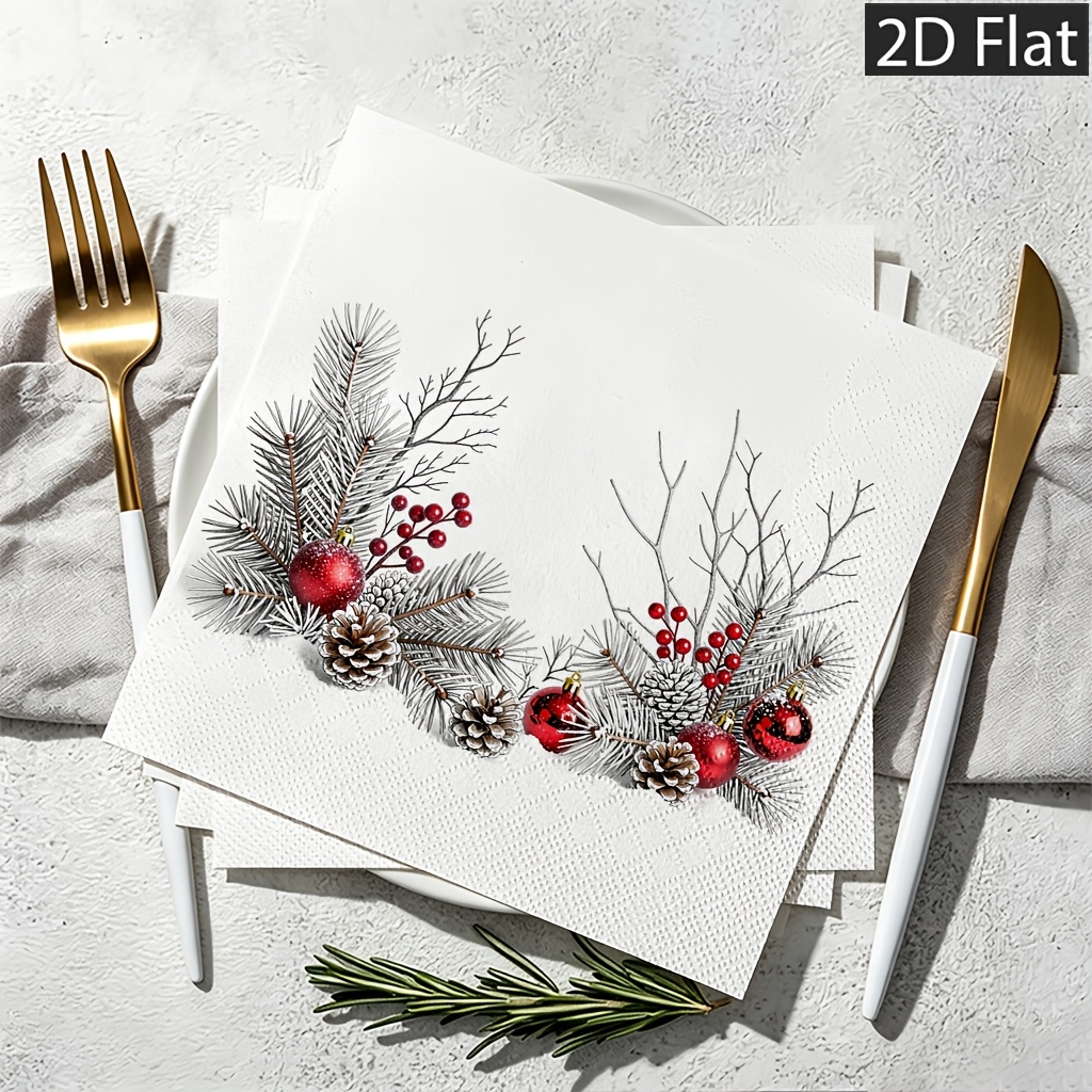 TEMU Serviettes en Papier Jetables Plates 2D, 20 Pièces, 2 Ply pour une Durabilité Accrue, Motif Branches de Pin Argentées, Pommes de Pin avec
