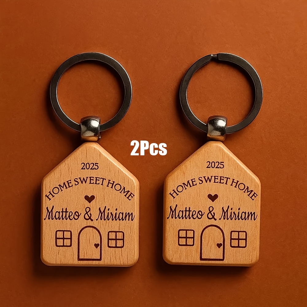 Image of Custom Wooden House-shaped Keychain, Engraved With Names And Text Request. Couple Keychains, Family Keychains Engraved With Your Names. Valentine's Day Gift