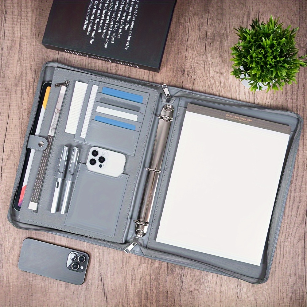 

3 Ring Binder Grey Vegan Leather Briefcase For Men/women, A4 Multifunctional Portfolio, Padfolio With Zipper, Handcrafts Tablet Bag, Office&school Storage For Teacher, Back To School, Graduation Gift