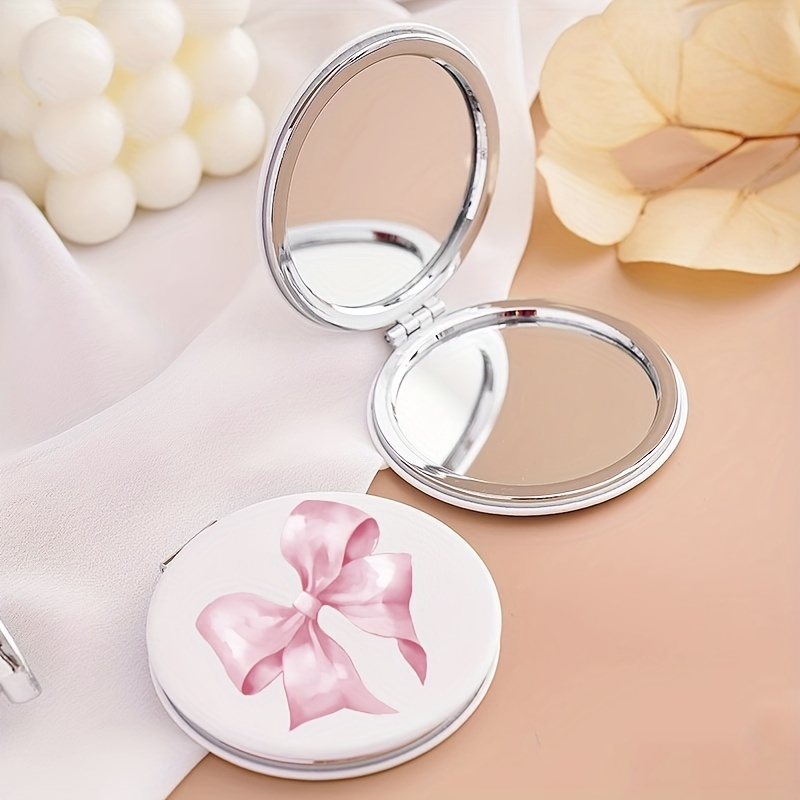 

1 Round Pu Bow Print Handheld Mirror With Double-sided Folding For Carrying, Girls' Touch-up Handheld Mirror