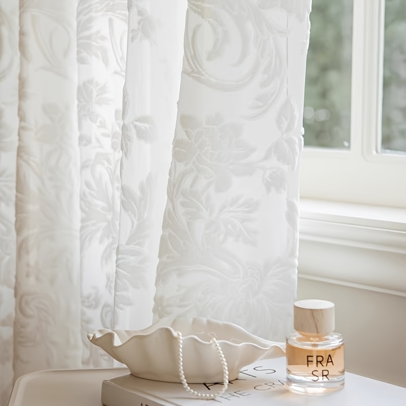TEMU 1pc French White Gauze Curtain Yarn Three-dimensional Relief Velvet Yarn High-end Room Bedroom Blackout Gauze Curtain