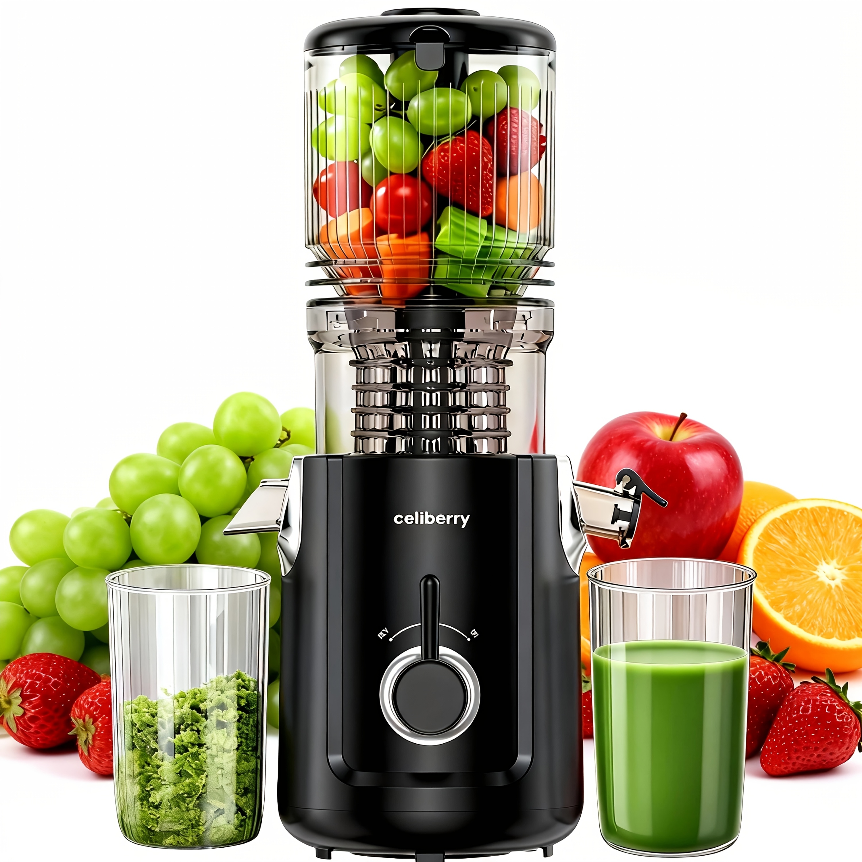 Celiberry Slow-Speed Masticating Juicer with 4.25-Inch Wide Feed Chute, Quiet Operation, Easy to Clean, Multiple Colors Available