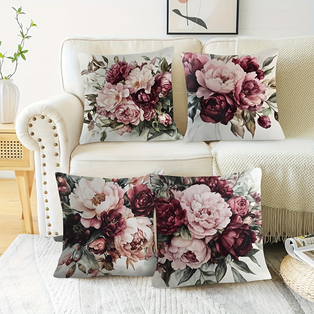 

4pcs Set Watercolor Floral Pillow Covers - Soft Plush, & Roses Background - Living Room, Bedroom, Office Decor - 18x18 Inches, Zip Closure, Machine Washable