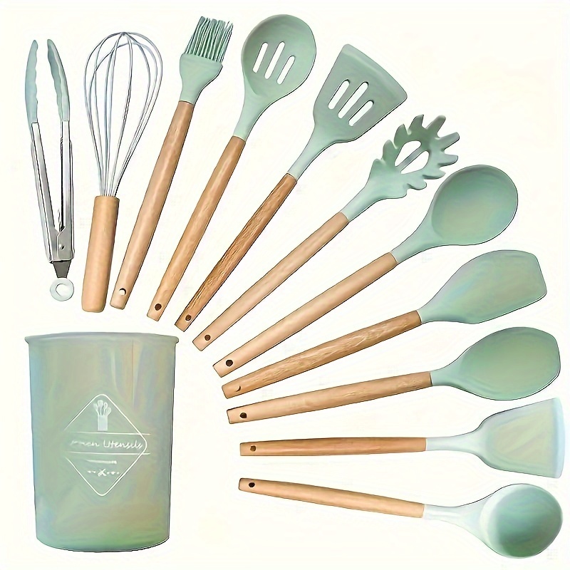 

12pcs/set, Silicone Kitchen Utensil Set With Wooden Handles - Safe, Washable, And Modern Cooking Tools For Prep And Serving - Christmas And Gifts