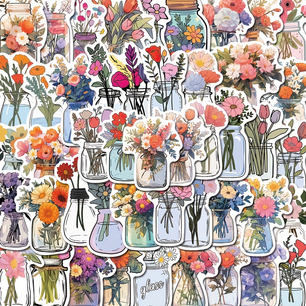 Image of 50pcs Glass Vase Cartoon Stickers, Waterproof Stickers For Laptop Cup Refrigerator Book Luggage Table Helmet Skateboard Camera Guitar