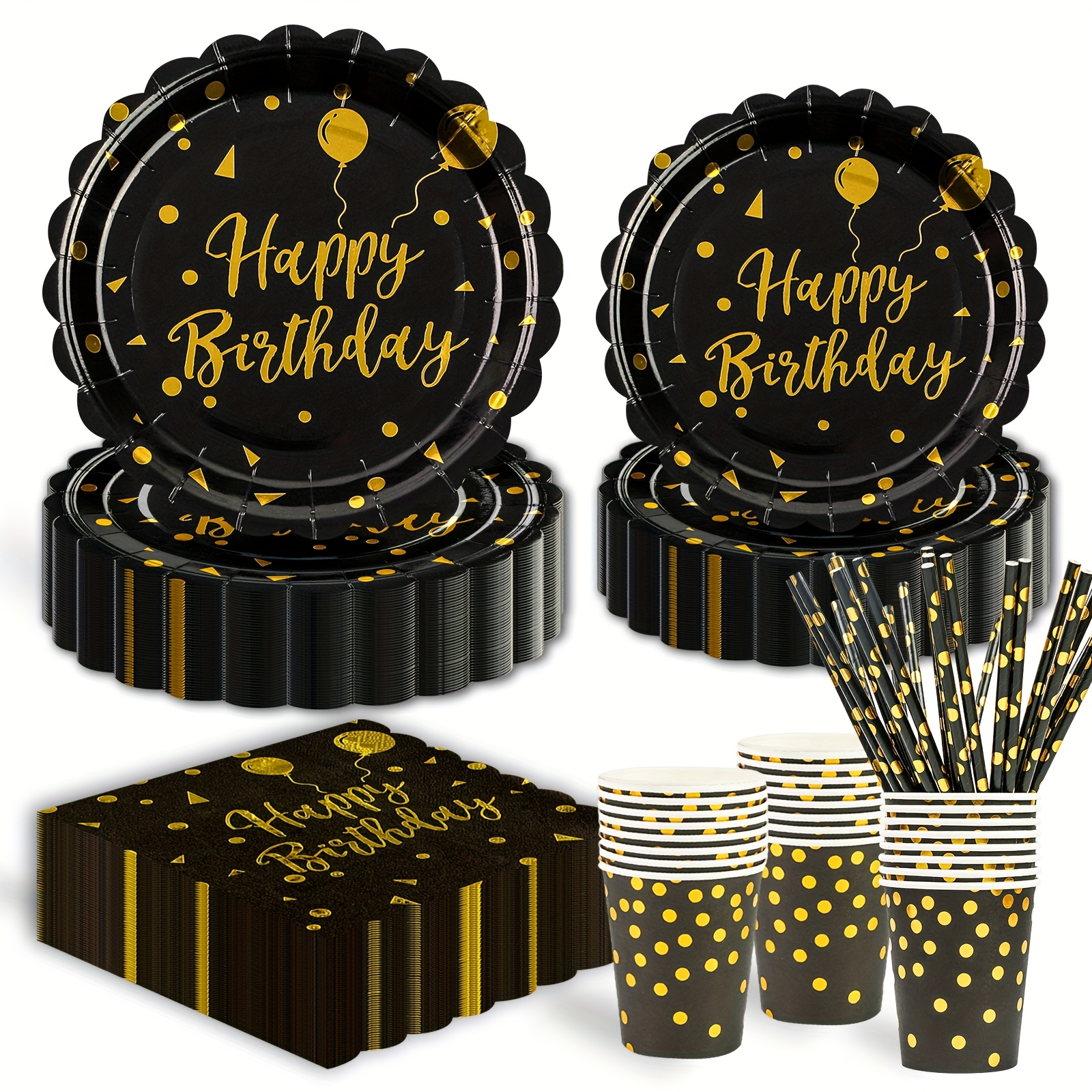 E-shop Ein 125-teiliges Tischgeschirr-Set im Schwarz-Gold, für Abschlussfeiern, Feiertage, Hochzeiten und Geburtstagsfeiern, konzipiert für 25 Gäste.