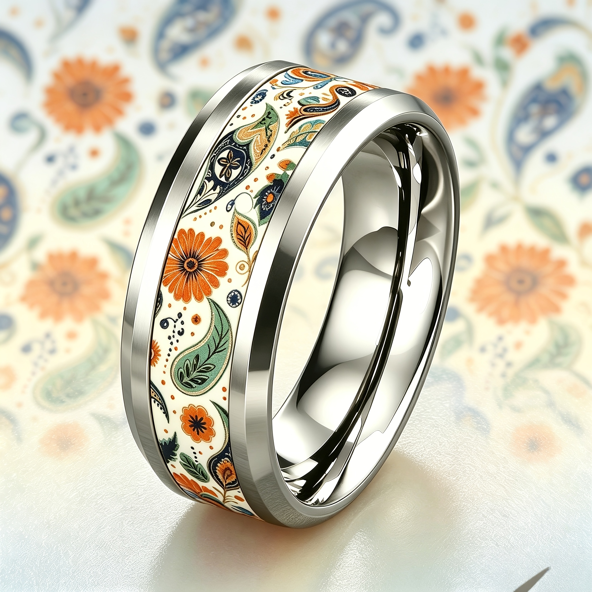 Vintage Paisley Daisy Plant 304L Stainless Steel Ring