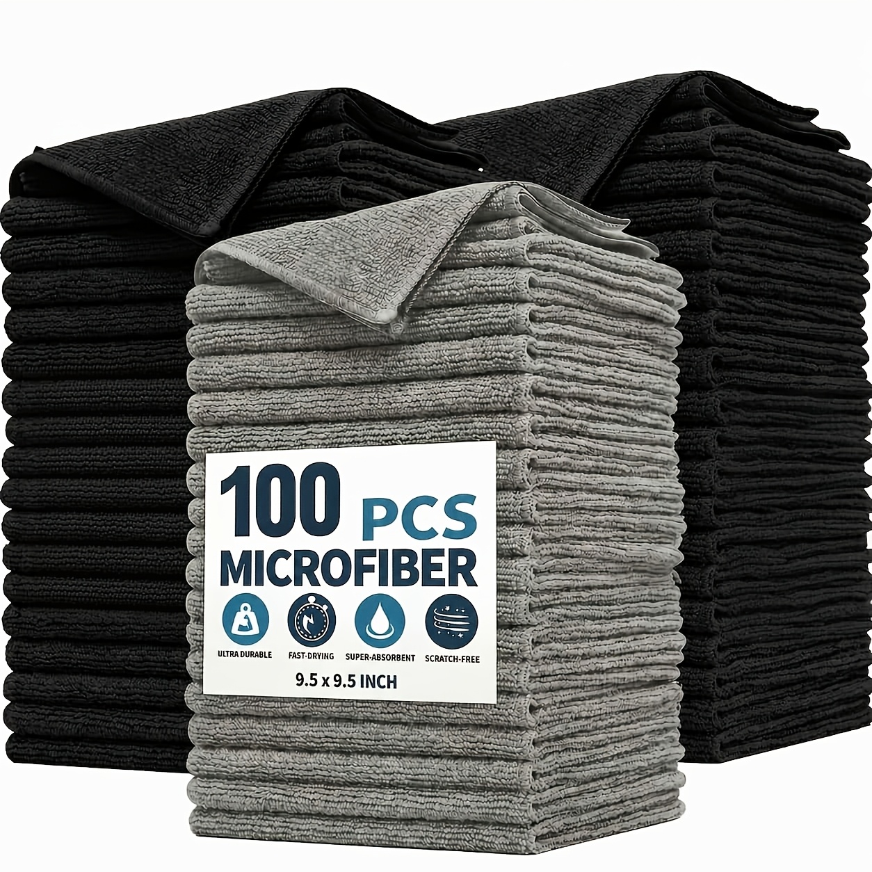 TEMU 100-count Premium Microfiber Cleaning Towels, 9.45x9.45" Washable Absorbent Cloths For Kitchen, Automotive And Electronics, Black And Gray Set