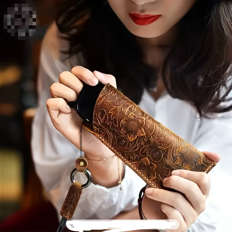 Original Hand-Carved Full-Grain Leather Glasses Pouch - Retro Genuine Leather Case for & Eyeglasses. Portable, Dust-Proof, Premium-Quality Protective Sleeve for Reading Glasses &. Compact Storage Bag with Slanted Pocket