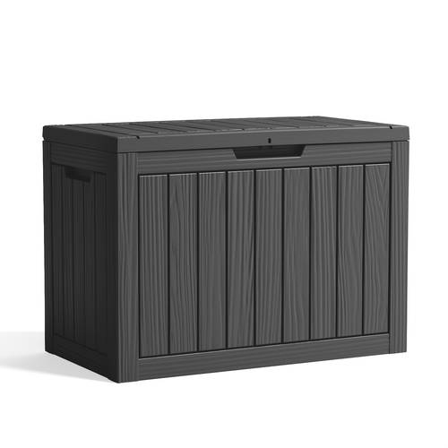 46 gallon weatherproof outdoor deck box with wood grain design uv resistant resin storage bin with lockable lid for patio furniture pool accessories and garden tools ideal for modern outdoor spaces poolside accessory storage stylish storage box lockable lid feature outdoor storage box cabinet rack for outdoor storage