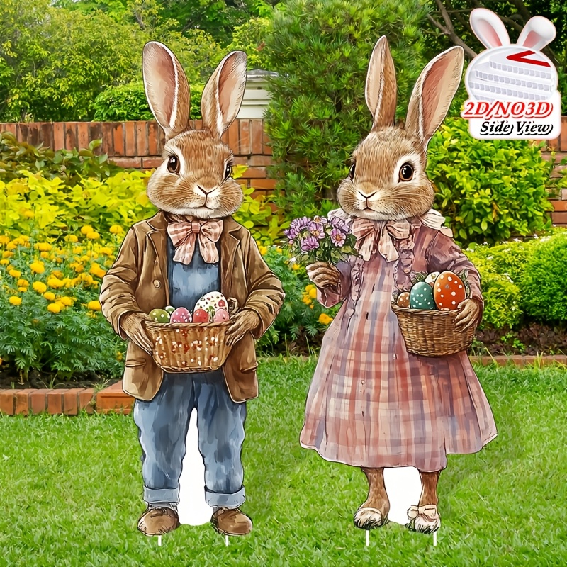 Image of 2d Flat - 【2d Flat】 2d Flat - [2d Flat] 2d Flat, 2pcs Easter Bunny And Egg Yard Signs With Stakes - Vintage Rabbit Outdoor Lawn Decor For Party