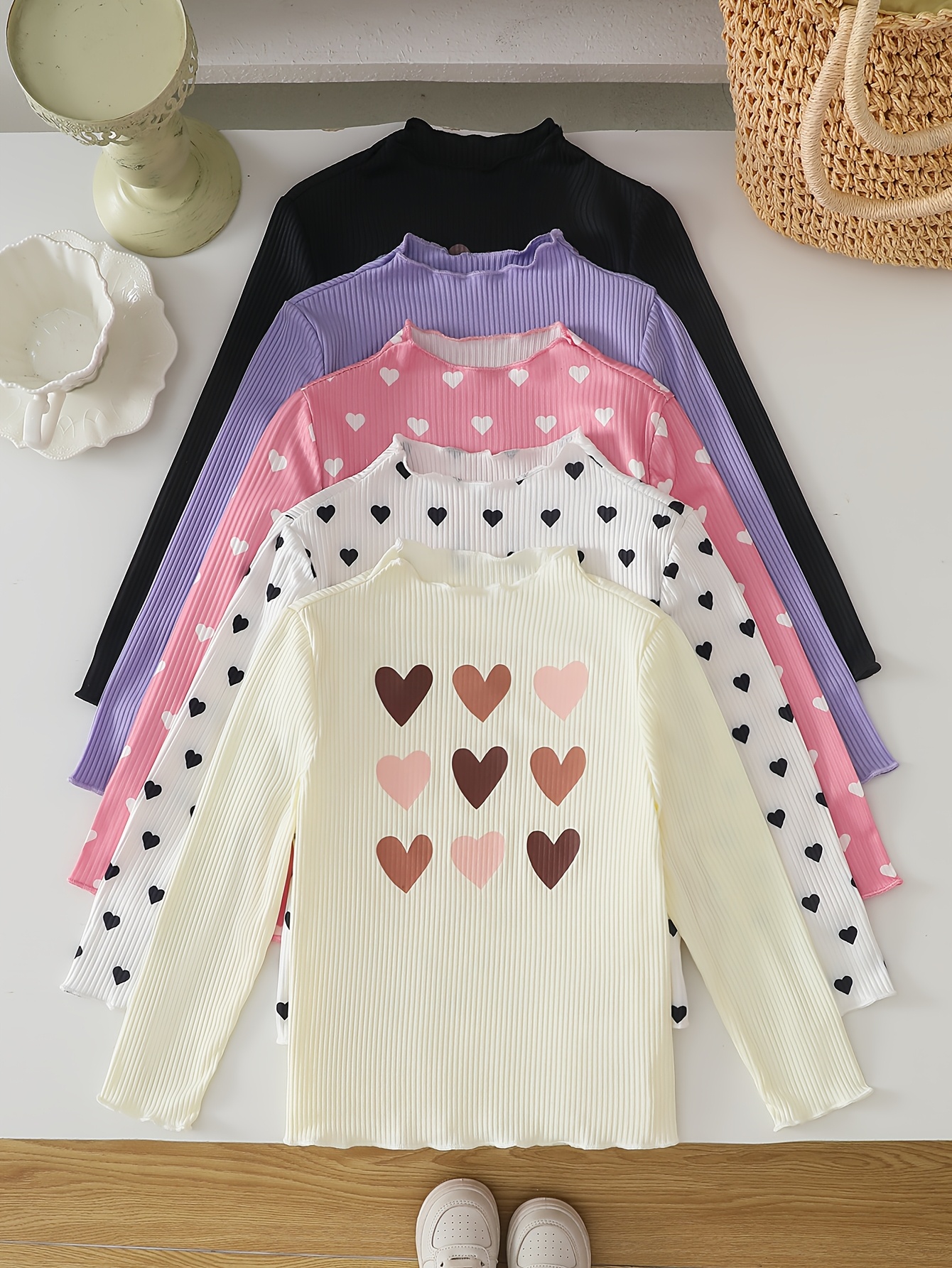 5pcs Girls' Heart Pattern Long-Sleeve Tops Set, Spring/Autumn