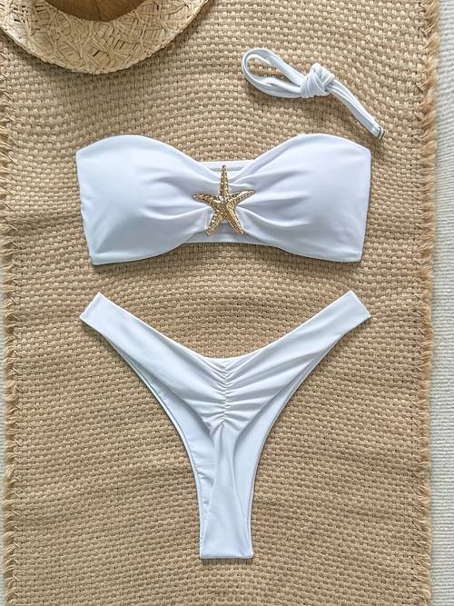 womens bikini set solid color with metallic decoration 1pc cups and high cut swim briefs with back gathering detail