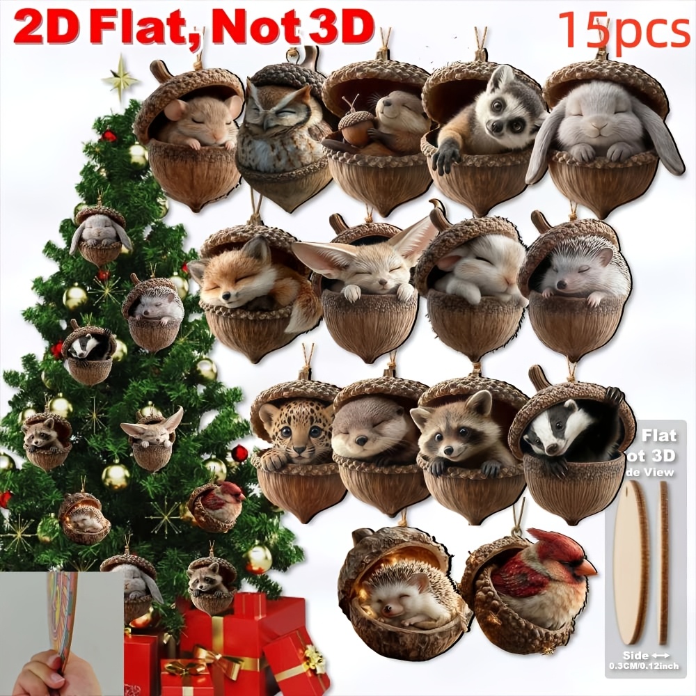 TEMU 2d Flat, 15pcs Set Of Simulated Animal-shaped Ornaments - Cute Raccoon, Mouse, Fox Designs With Hats | Country Style Hanging Decor, Suitable For