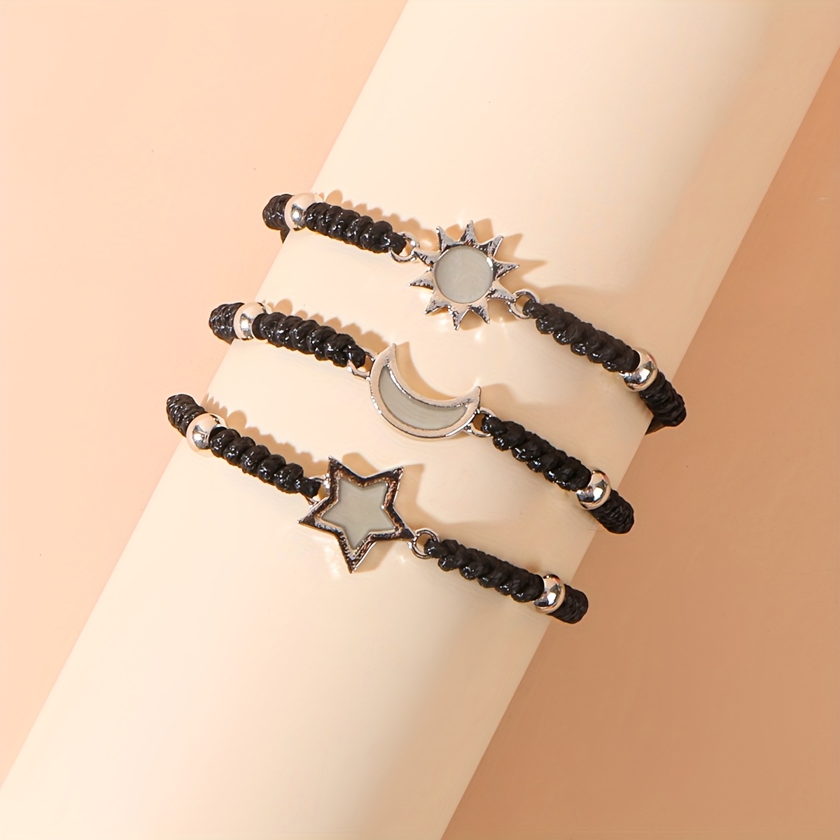 TEMU A Set Of 3 Minimalist And Stylish Retro -the-dark Bracelets Featuring The Sun, Moon, And Stars, Perfect As A Creative Holiday Gift For Couples