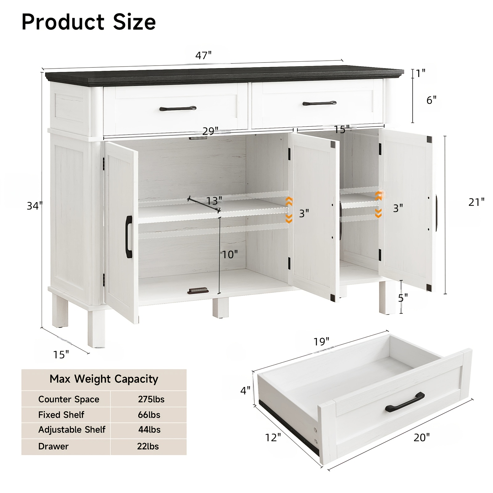 Farmhouse 48 Inch Buffet Cabinet with Storage, 48 Inch Sideboard with 2 Drawers And 3 Doors - Wood Coffee Bar Cabinet with Adjustable Shelves for Kitchen, Dining Room, Living Room