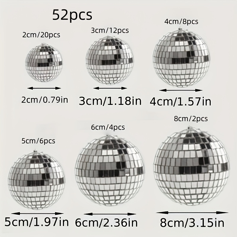 Image of 52pcs Silver Disco Balls | Reflective Glass Decorations For 70s Retro Parties, Weddings, Birthdays - No Electricity Needed, Ideal For Home And Room Decor, Wall Hanging Ornaments