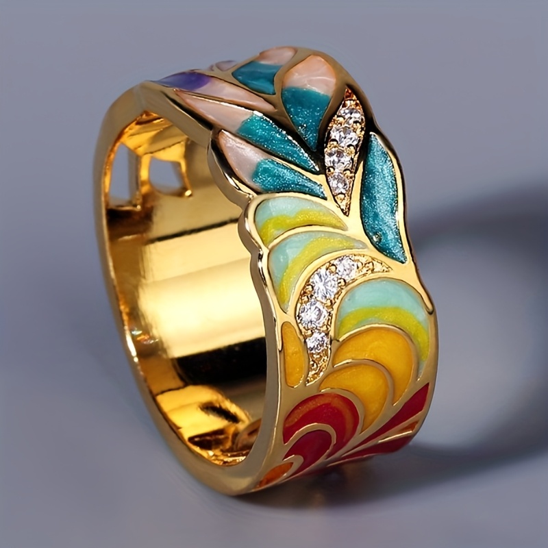 E-shop Damen Mode breiter Ring, Retro, elegant, mit synthetischem Zirkonia-Einfassung, Emaille, farbiges Blattmuster, für Damen, , Party, ,