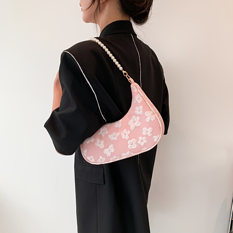 

Women's Fashion Flower Pattern Design Shoulder Bag With Faux Pearl Handle, Elegant Single-strap Purse
