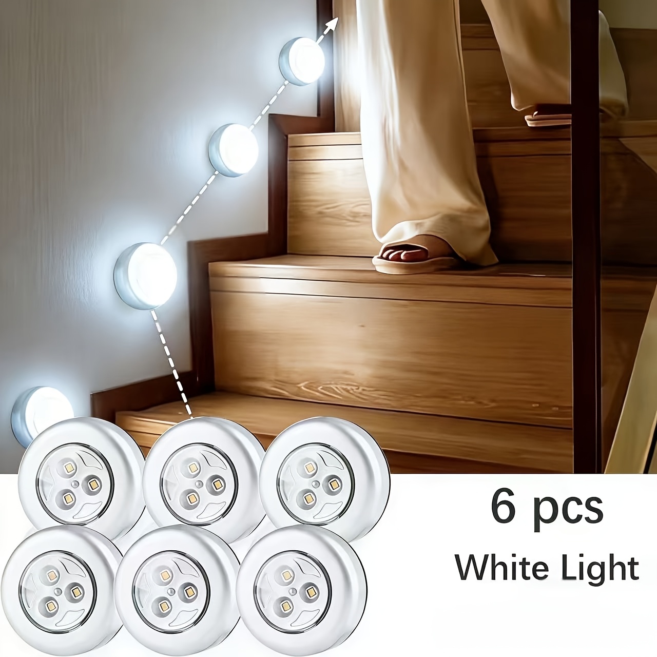Image of 6pcs Round Led Touch Light, With 3 Led Beads, Suitable For , Bathrooms, Bedrooms, Kitchens, Cabinets, Stairs, Rv Lighting, And Home Decoration (batteries Not Included)
