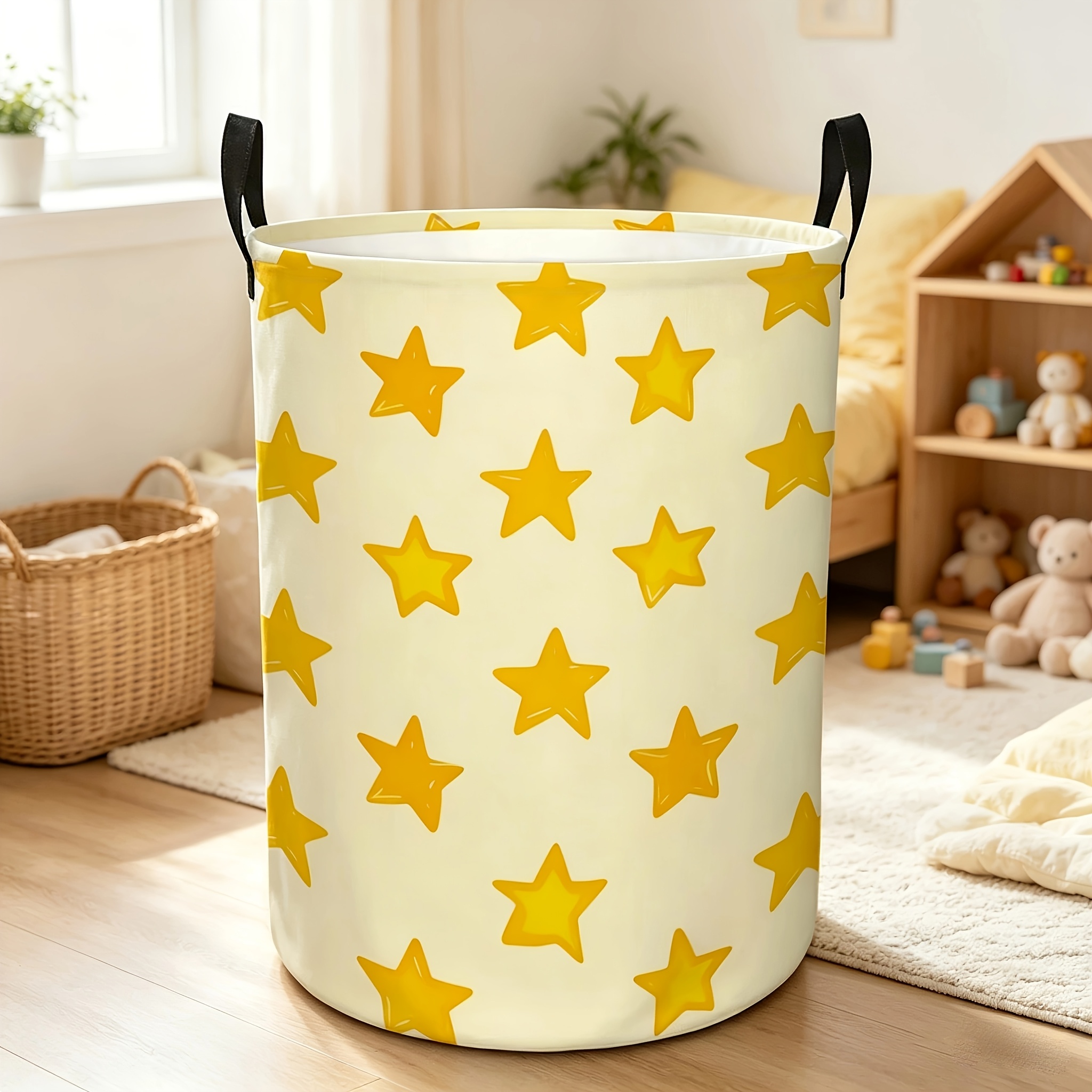 TEMU 1pc Round Laundry Basket With Yellow Star Pattern, Organizer Basket For Storing Clothes/books, With Handles, Storage Basket, For Home, Camping,