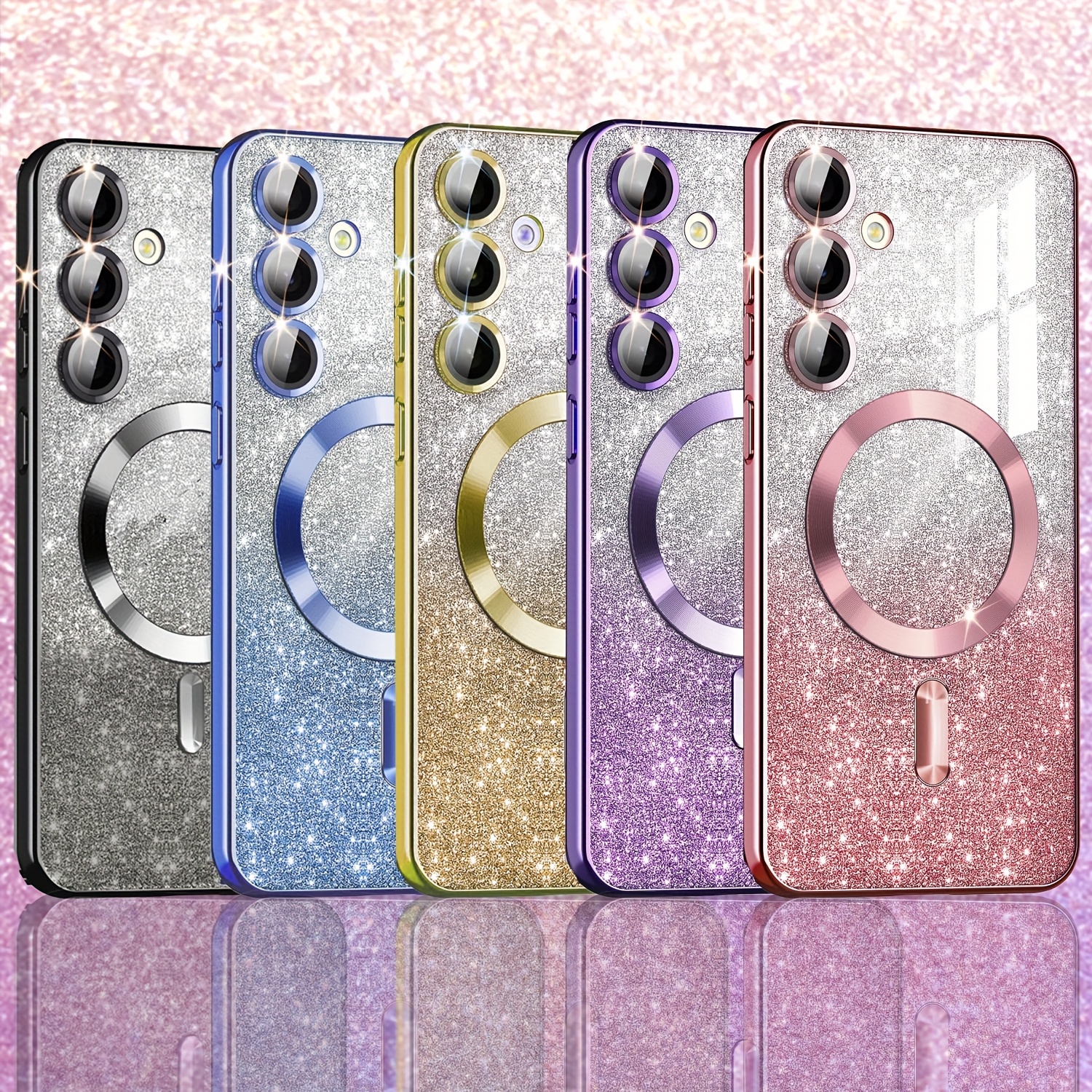 Husă de telefon: Compatibilă cu for Samsung for Galaxy A55 A35 A15 A56 A36 A16 5G, Husă transparentă magnetică cu sclipici în degrade, placată de lux, cu bordură moale din TPU și protecție completă pentru lentila camerei