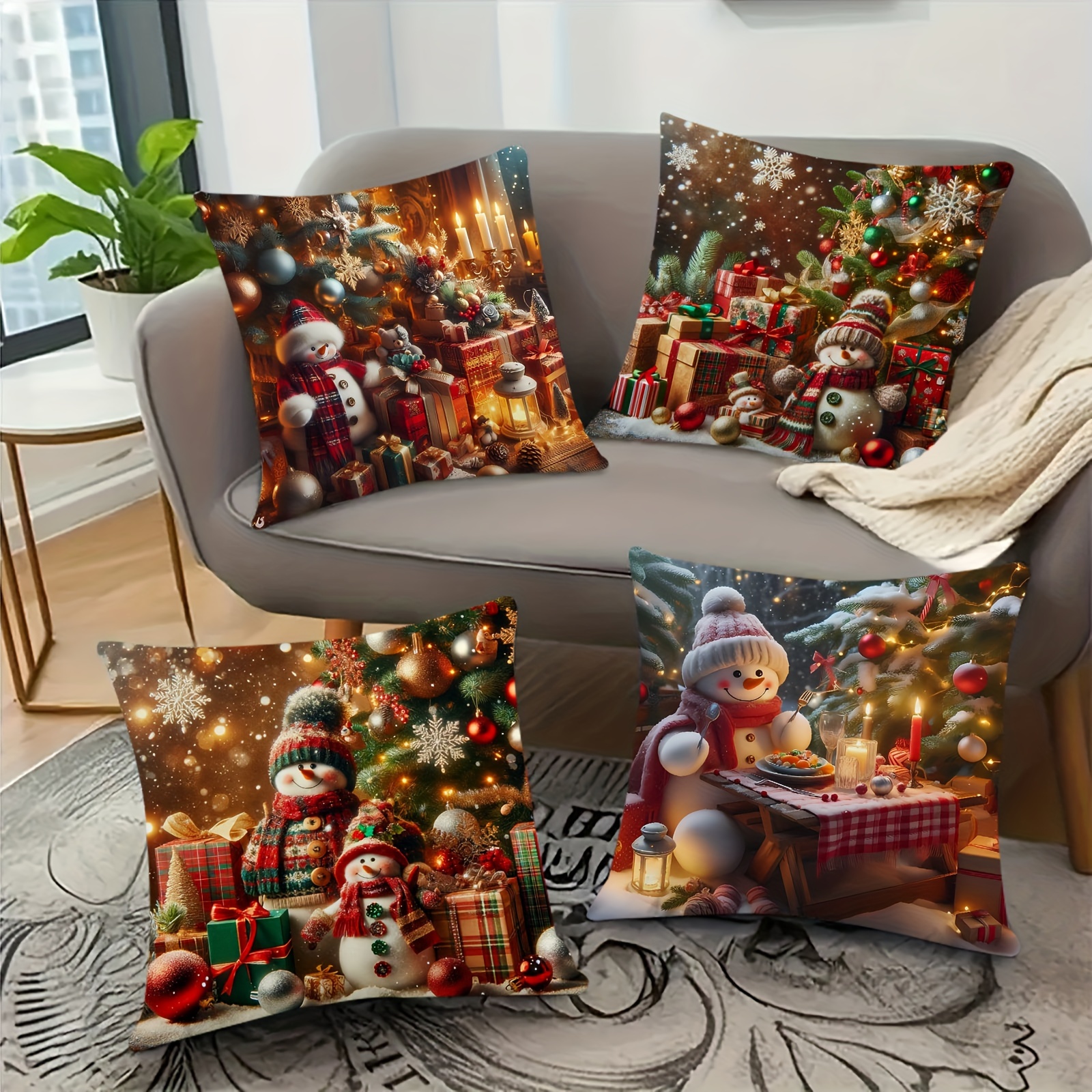 

4-piece Set Christmas Snowman & Ornament Throw Pillow Covers, 18x18 Inch - Soft Plush, Zip Closure, Machine Washable - Perfect For Sofa & Bedroom Decor