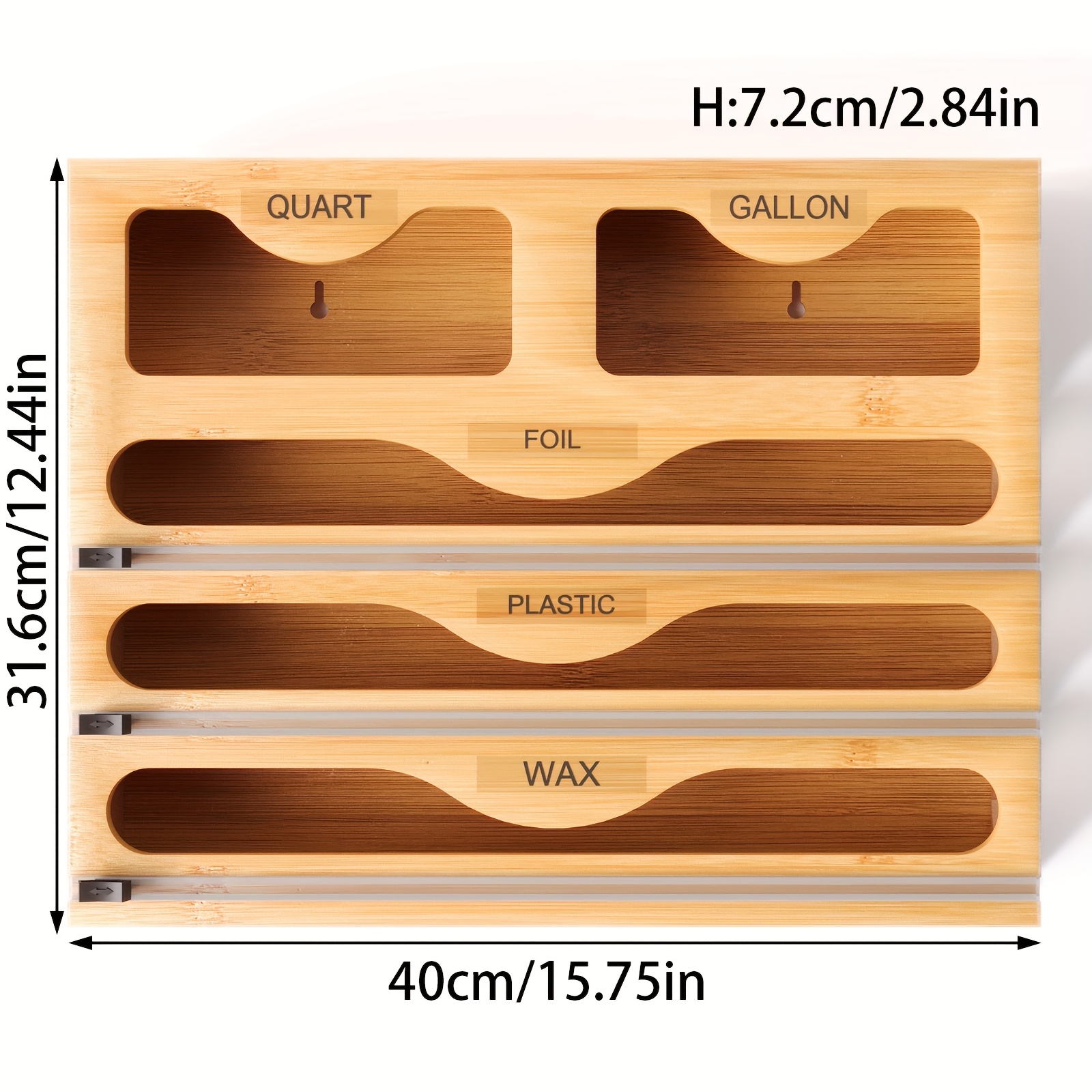 A Bamboo Cling Film Cutter With 5 Compartments, Designed For Cutting Cling Film And Garbage Bags, Perfect For Organizing Your Kitchen Countertop.