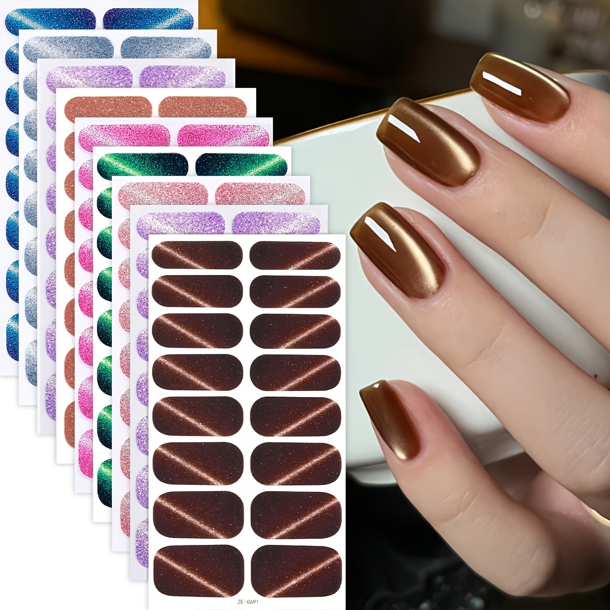 9 Sheets Polished Nail Strips, Cat Eye Glitter Self-adhesive Gel Nail Full Wraps Nail Art Stickers, , No Lamp Required, Suitable For Women's Party Nail Art Supplies