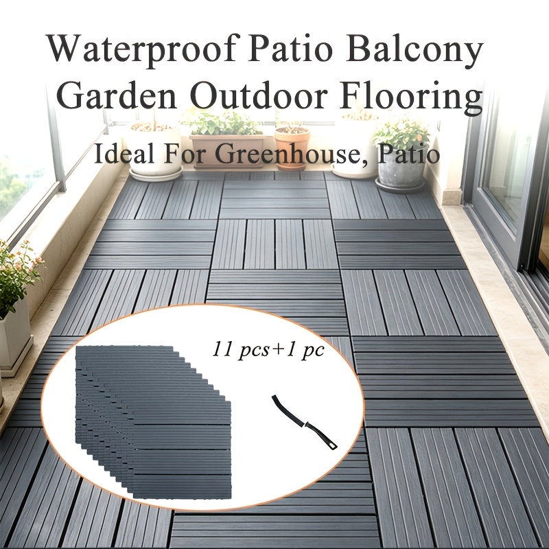 TEMU Lot de 11 dalles de terrasse extérieures en composite avec 1 brosse d'espacement - Revêtement de sol emboîtable imperméable pour patio, balcon,